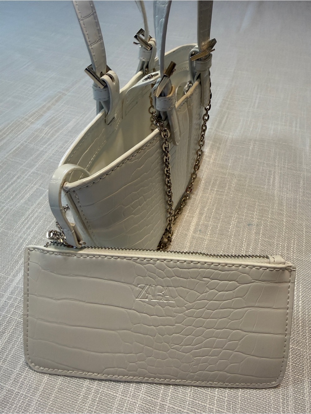 Zara White Croc Embossed Mini Satchel Top Handle Bag Chain Strap Coin Purse - Picture 5 of 11